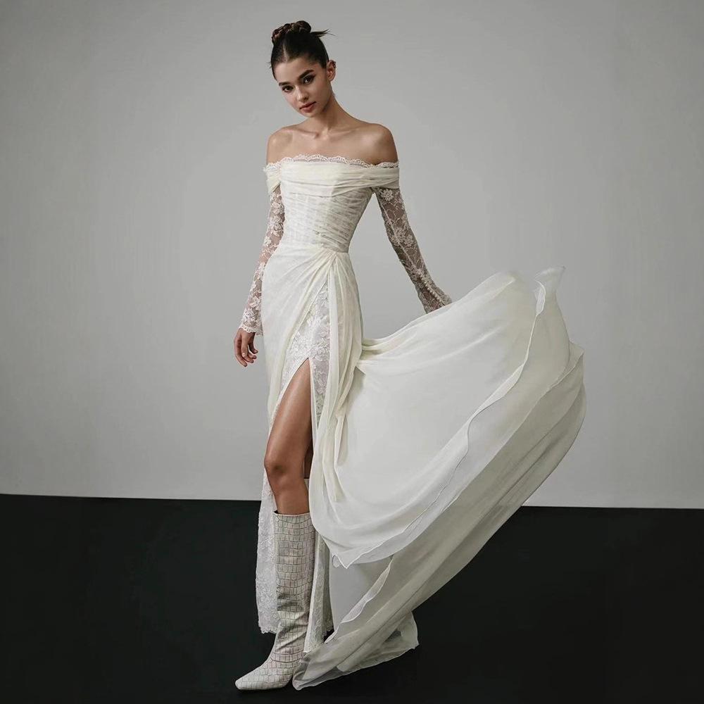 Französisches langärmeliges leichtes Spitzenhochzeitskleid Braut 1011 neues One-Shoulder Retro Mori Türgarn Fischschwanzkleid Rock