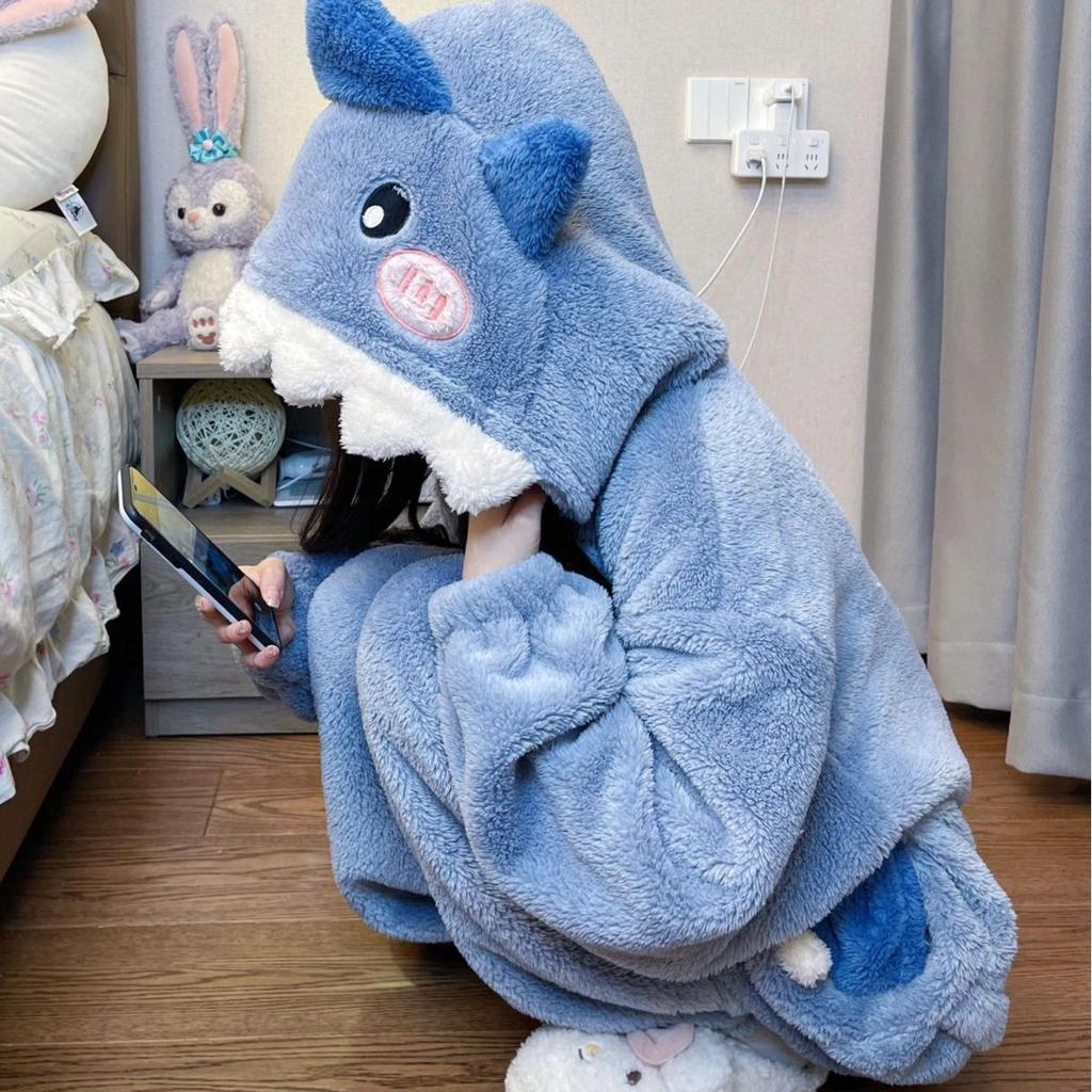 Shark Coral Fleece Winter Casual Cute Plus Velvet Onesie Pajamas