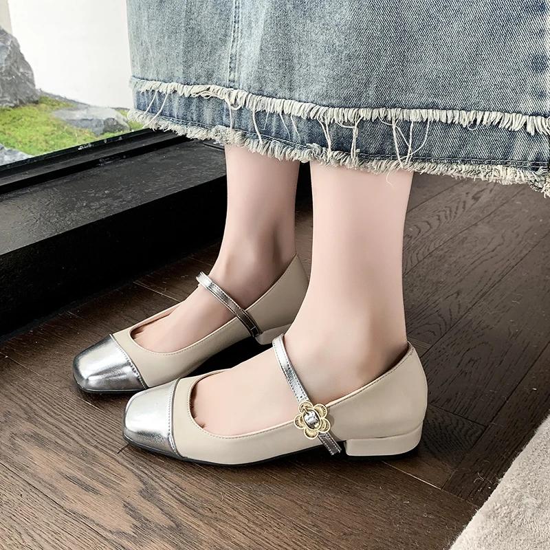 Fashion Spring New Coarse Heel Shoes Women's Round Head Shallow Mouth Splicing Anti-slip Wear-resistant Single Shoes