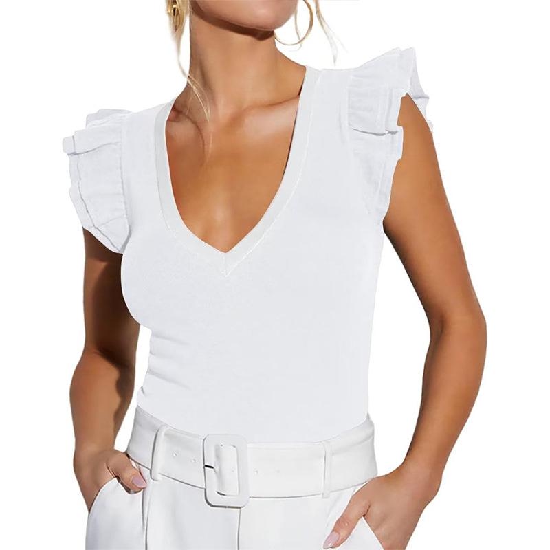Women Summer Sweetheart Neck Flutter Sleeve Slim Fit Solid Ribbed Tank Top S