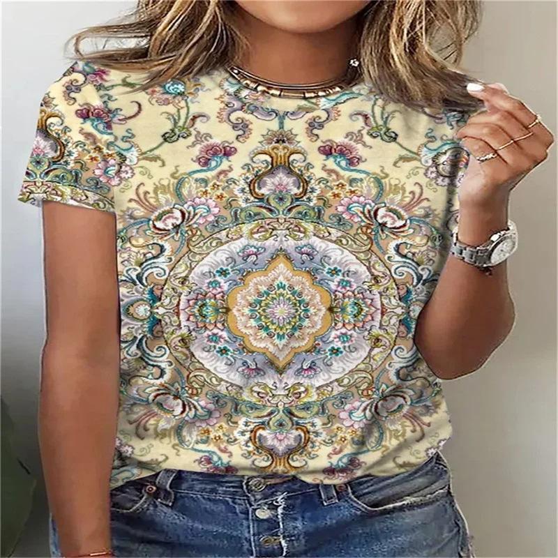 Summer Round Neck 3D Floral Mandala Print Top Fashionable Casual Short Sleeved Women's T-shirts