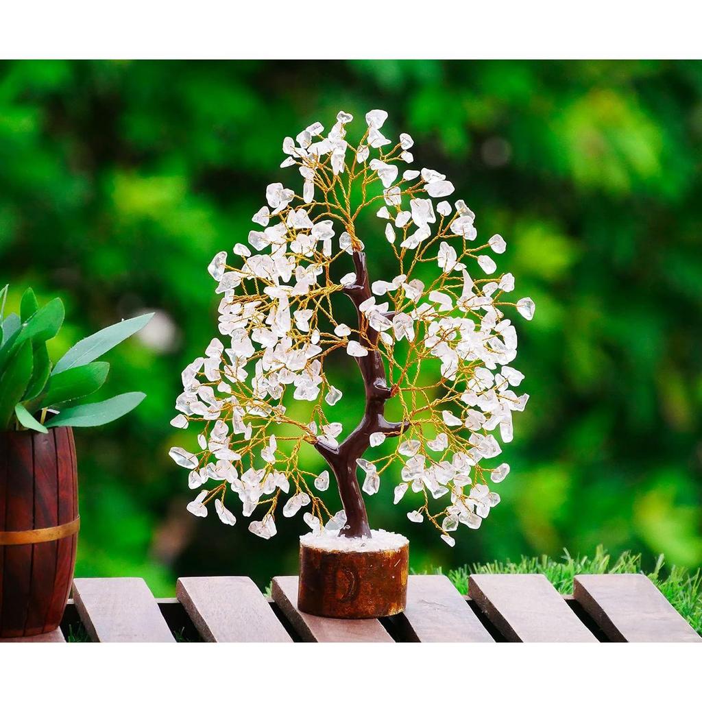 Seven Chakra Crystal Gemstone Bonsai Money Tree with Golden Wire and 300 Beads Figurine Standard Size - Clear Quartz, 1 Piece