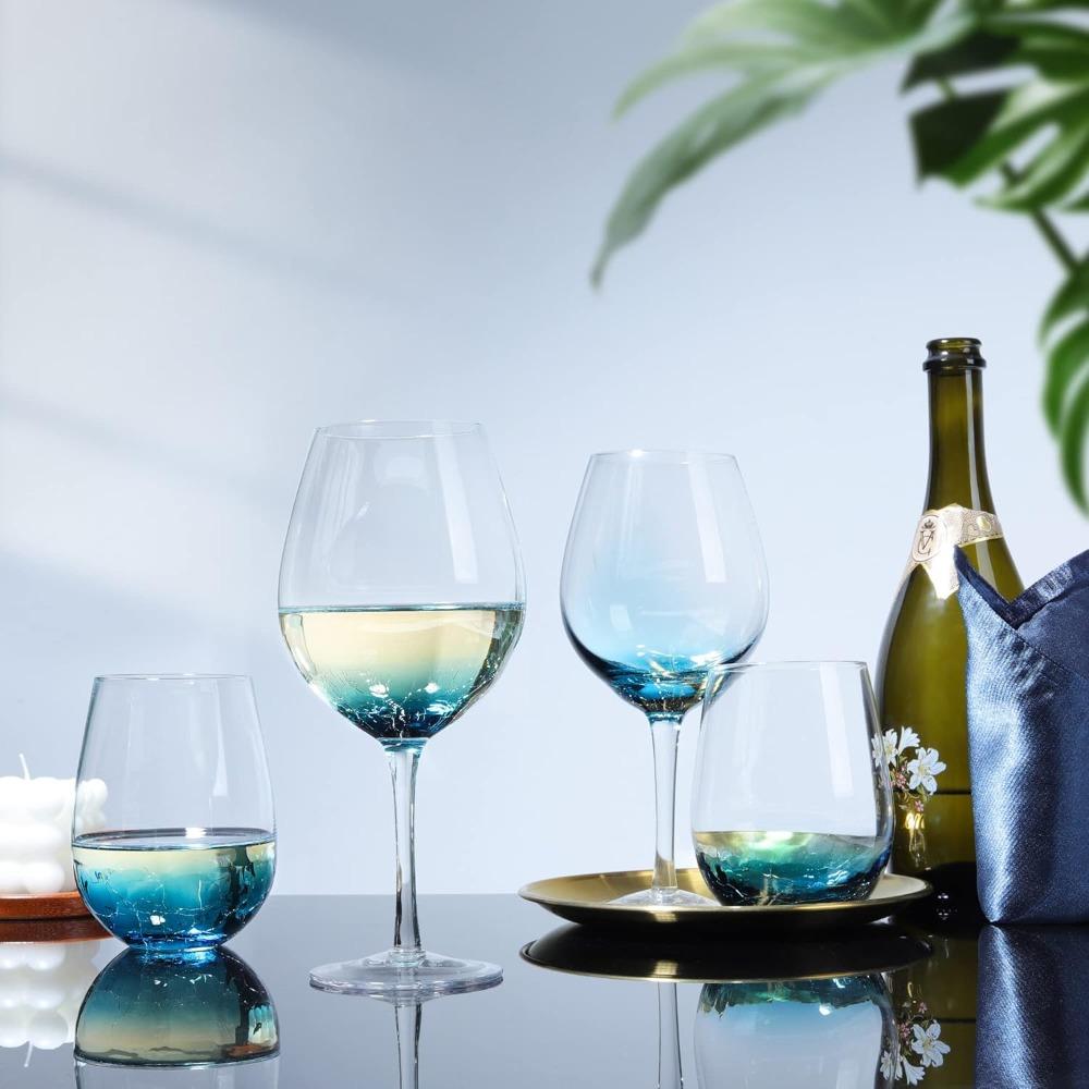 2pcs Handmade Blue Crackle Wine Glasses Large Crystal Burgundy Wine Glass Cup with Stem Red White Wine Goblet Tumbler Aesthetics Glassware Collection