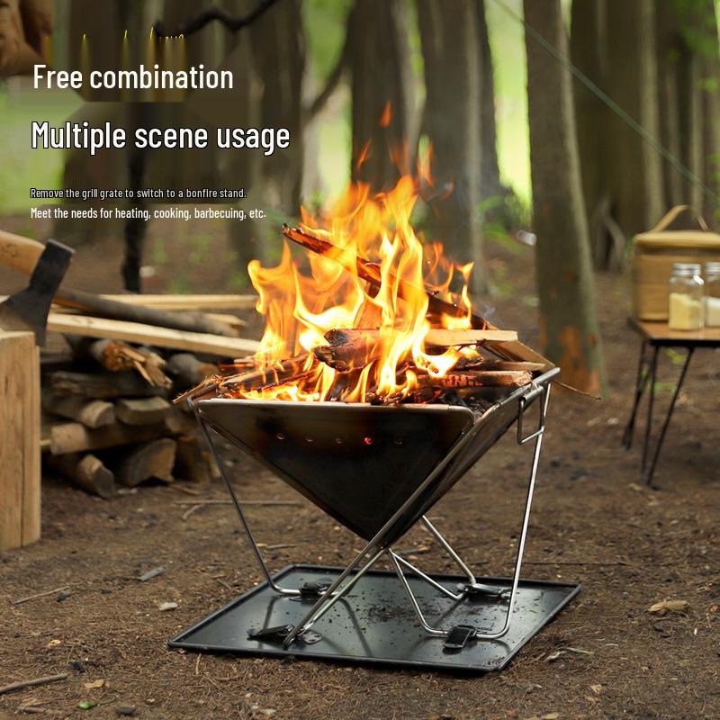 Large Outdoor Stainless Steel Folding Barbecue Grill and Fire Pit for Camping and Picnics