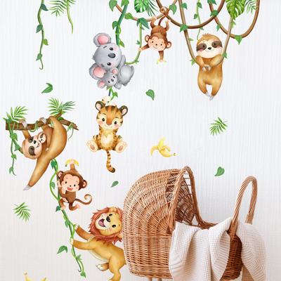 Adesivi Murali Divertenti di Scimmie Cartone Animato per Stanza dei Bambini Autoadesivi Stacca e Attacca Decorazioni Strisce di Liane Giungla per Camera da Letto Asilo Soggiorno