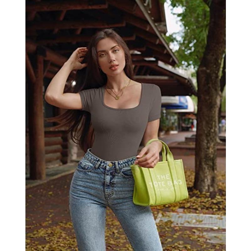 Women's Fashion Casual Solid Color Print Summer Spring Short Sleeve Square Collar Bodysuits