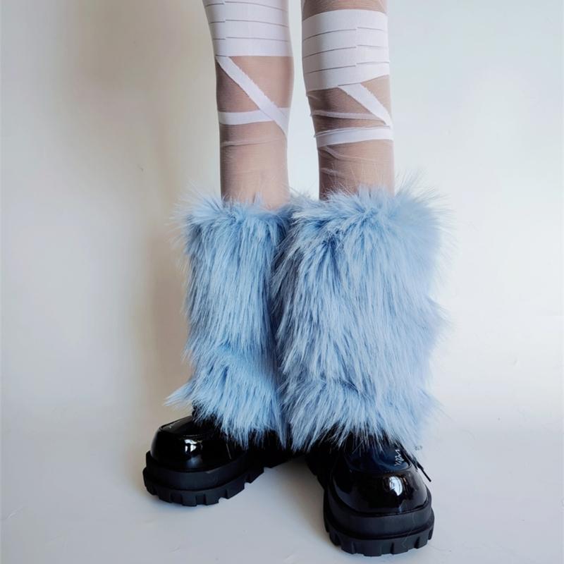 Plush Furry Leg Warmers for Women Cozy Winter Boot Toppers Thermal Warm Blue Fuzzy Foot Covers Footless Socks Gaiters