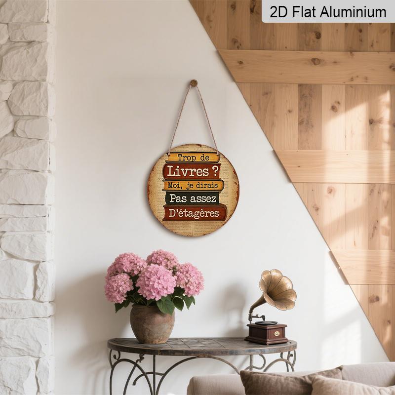 2D Flat, 1pc Round Aluminum Sign, Vintage Book Stack Design, Literary Metal Wall Art, Rustic Old Paper Background, Durable Indoor/Outdoor Decor for
