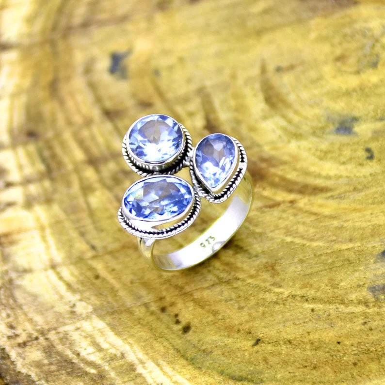 Blue Topaz Gemstone Ring, Handmade Designer Ring, Boho Ring, Silver Charm Jewelry, Statement Ring, 925 Sterling Silver