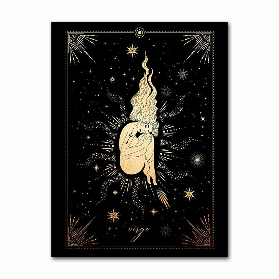 Virgo Zodiac Gold Black Star Sign Art Print Astrology Astrological Poster Wall Picture Home Decor Gift Present Prints 21X30CMNo Framed