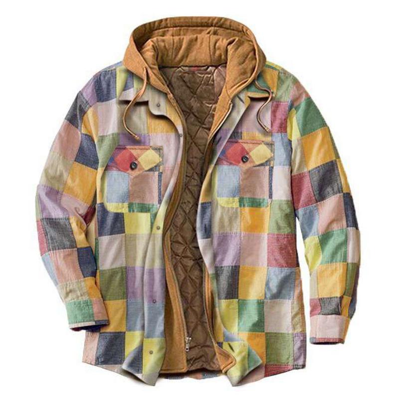 Giacca con cappuccio in flanella trapuntata casual da uomo, morbida e calda, a maniche lunghe, con cerniera, a quadri, per uomo, con cappuccio invernale, cappotto, capispalla
