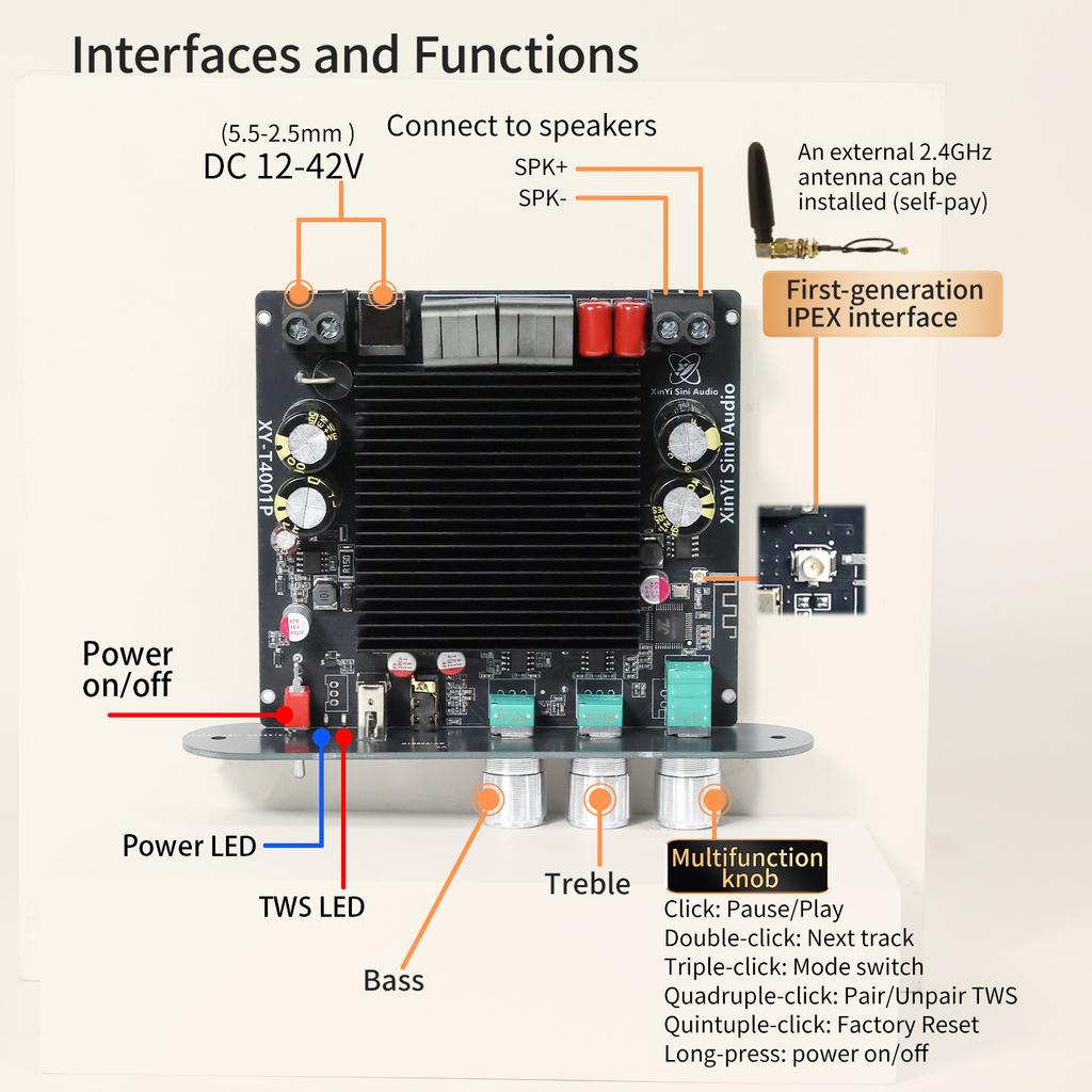 XY-T4001P 400W TWS Bluetooth Audio Amplifier Board TPA3223 Chip DC12-42V High Power for Speakers