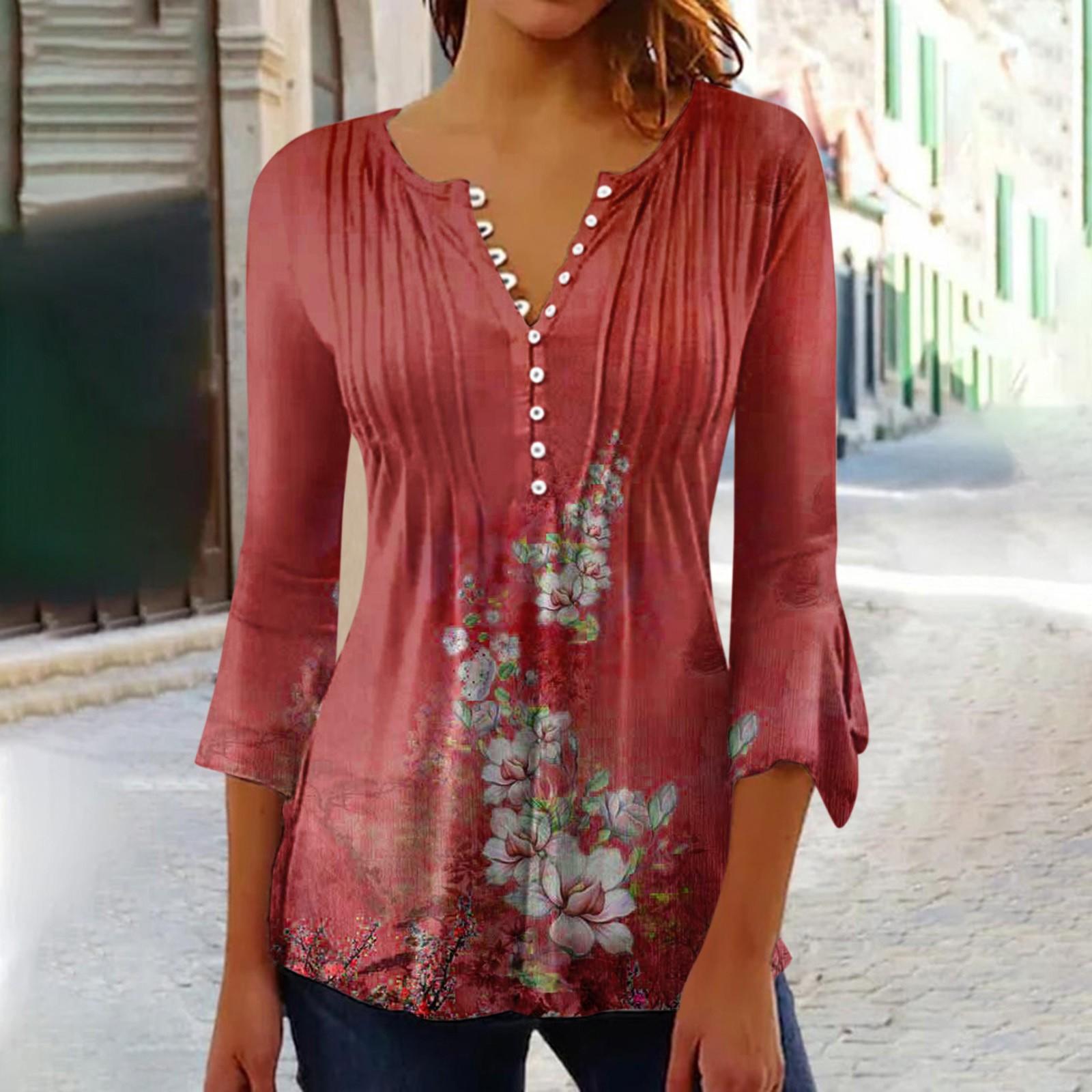

Рубашки на пуговицах для женщин, туника с цветочным принтом, летние топы, нарядные повседневные весенние блузки с рукавом 3/4 и v-образным вырезом XL красный