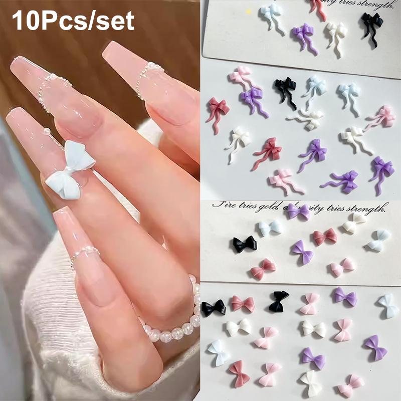 10 Stück Doppellagige Schleifen-Nagelanhänger 3D Süße Band-Schleifen Nagelkunst Strasssteine Mini Harz-Fliege Maniküre Schmuck DIY Teile