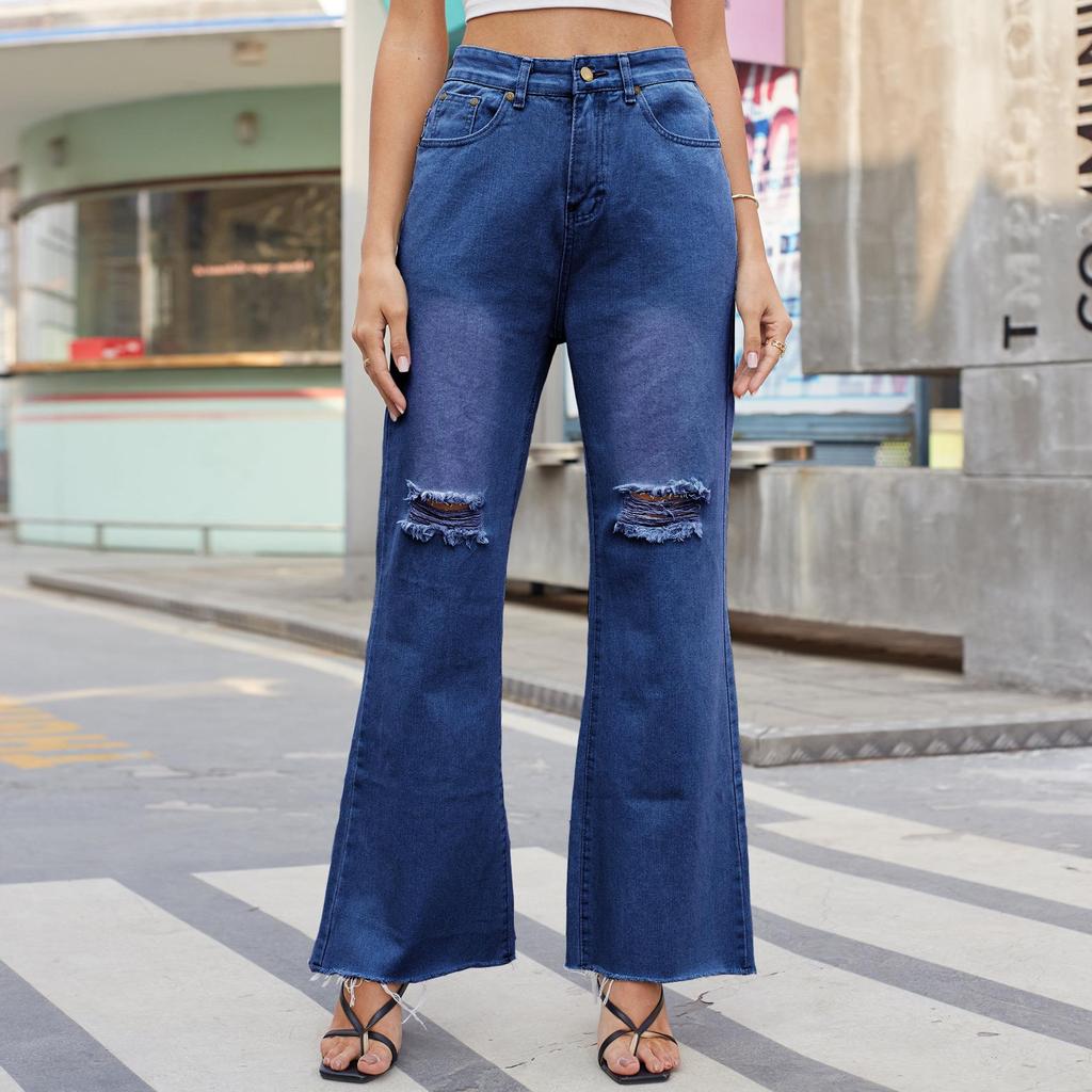Wide-legged Ripped Flared Jeans For Women