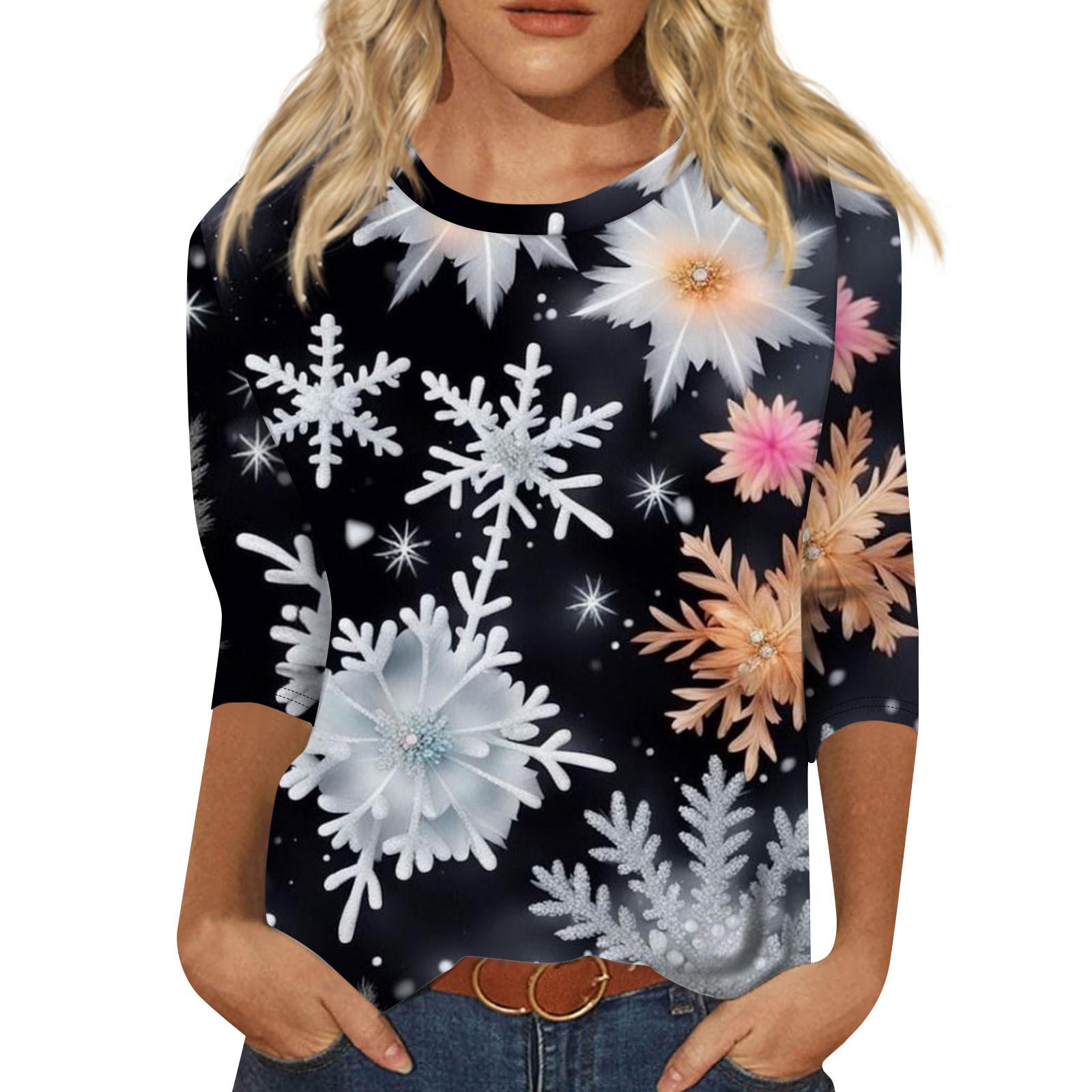 

Женская мода повседневная рубашка с круглым вырезом и рождественским принтом, семь рукавов S чёрный