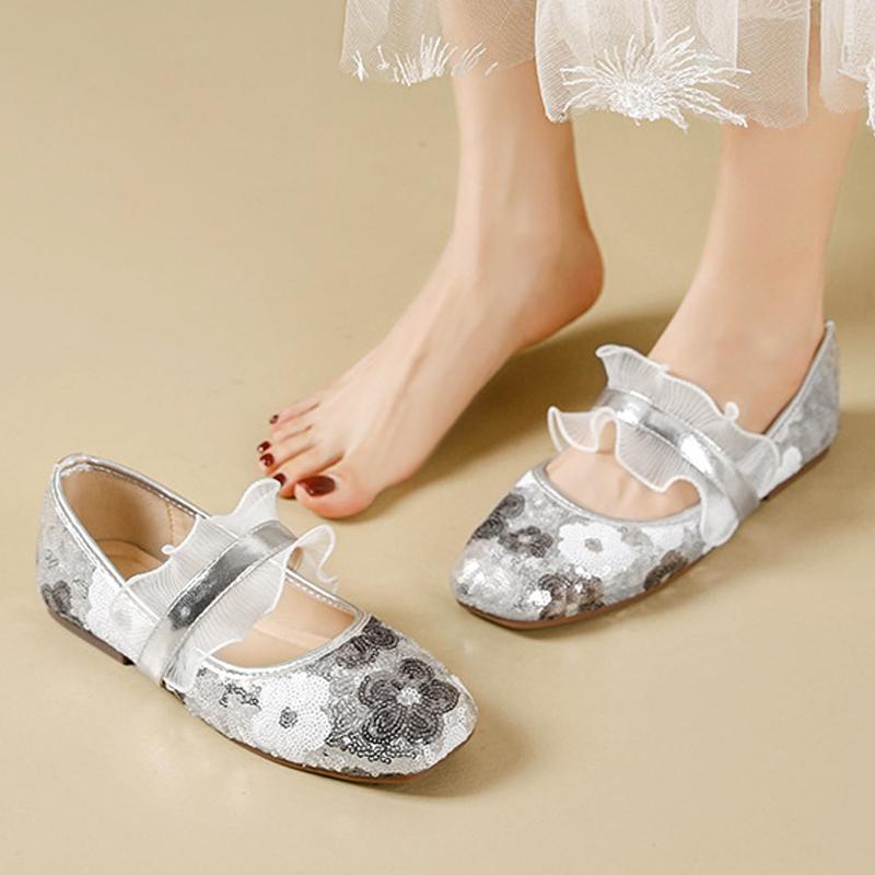 Fashion Lace Ruffles Band Ballet Shoes Ladies Silver Paillette Flats Mary Jane Women Lolita Mocasines Oversize Loafers Bridesmaide Shoes