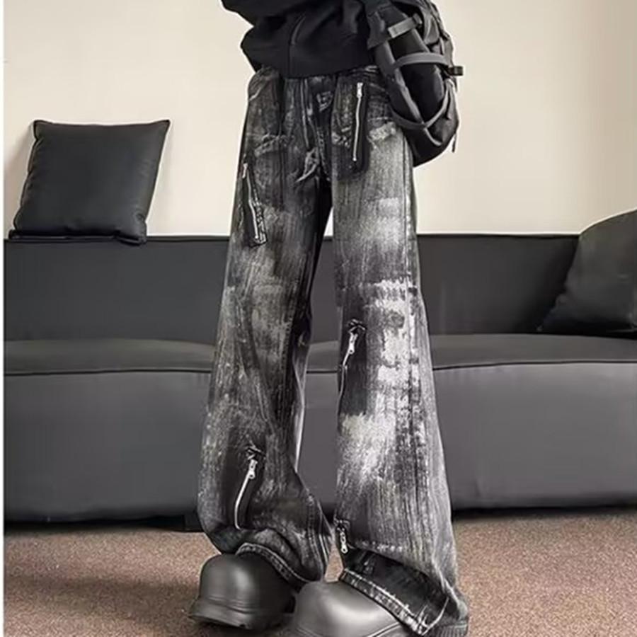American washed retro tie-dye black jeans men's trendy brand zipper decoration European and American high street loose and thin trousers