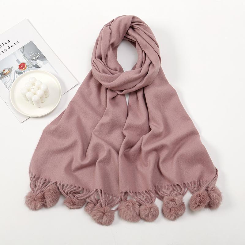 Women Warm Scarf With Rabbit Fur Ball Pashmina Thick Scarves Shawls Winter Cashmere Pompom Scarf Ladies Oversize Blanket Wrap