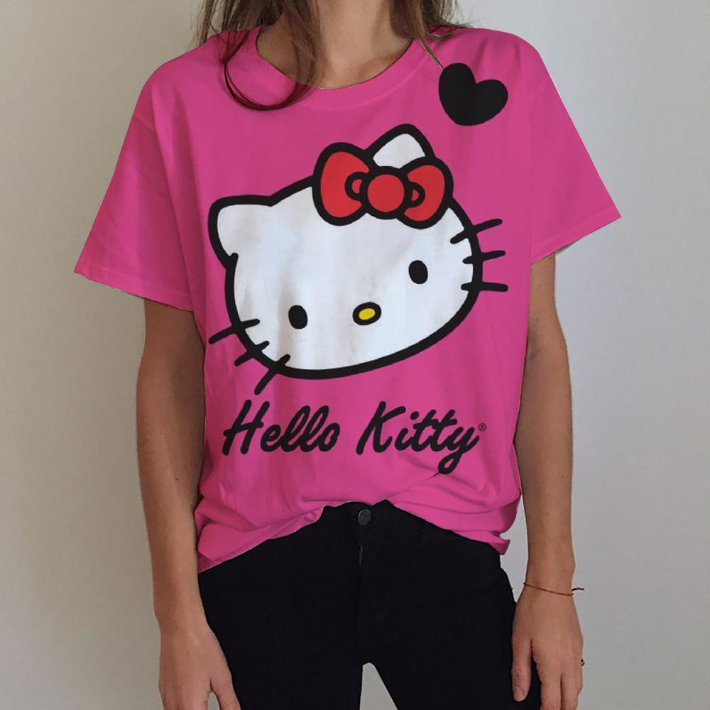 

Stylish Summer Hello Kitty Print T-Shirt, Women s Street Style Casual T-Shirt Top, Women s Harajuku Style T-Shirt, Loose Fit Clothing XXS