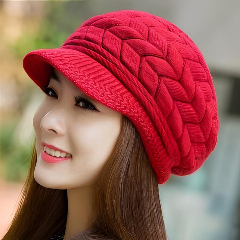 Women'S Autumn/Winter Knitted Hat With Fleece Lining Stylish And Versatile Beret Outdoor Warm Hat