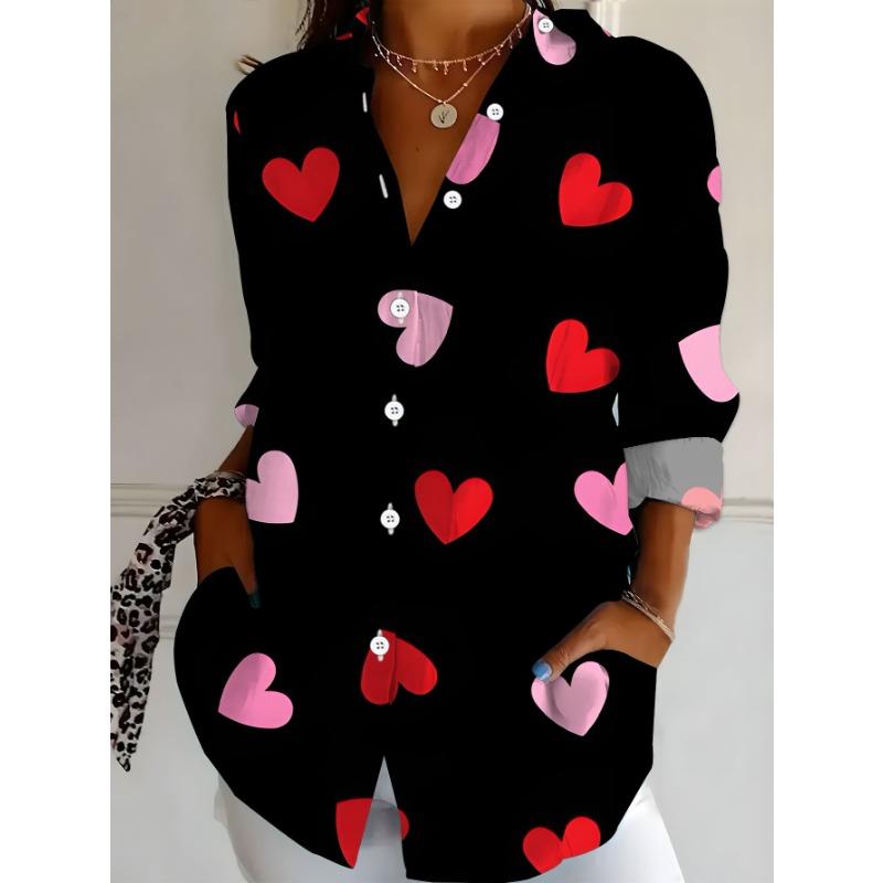 New plus size women's long sleeve printed shirt black red pink loose women's long sleeve