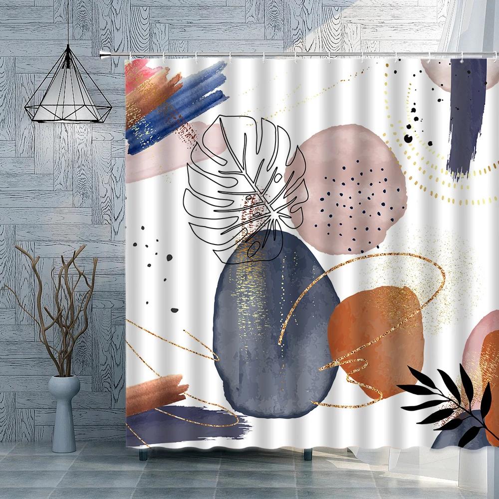 Abstract Leaves Shower Curtain Set Creative Geometry Mid-century Boho European-style Fabric Decor Bathroom Curtain Hook Washable
