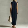 Women's Color Sleeveless Zipper Stand Up Collar Fashionable Slit Casual Dress
