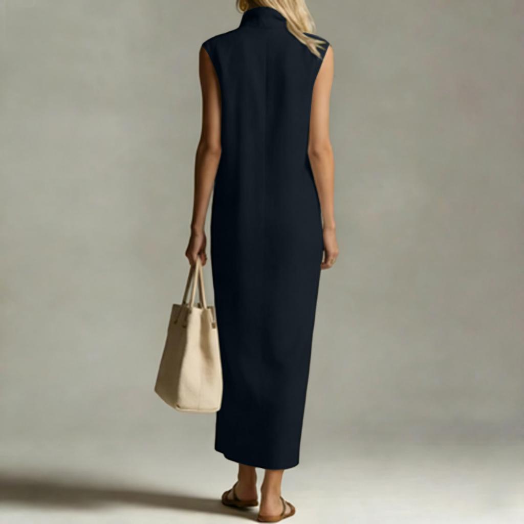 Women's Color Sleeveless Zipper Stand Up Collar Fashionable Slit Casual Dress