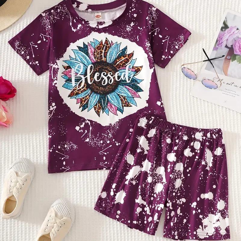 Summer Girls Casual Graffiti Sunflower Graphic Print Short Sleeve T-shirt Shorts Set 2Piece Kids Clothing