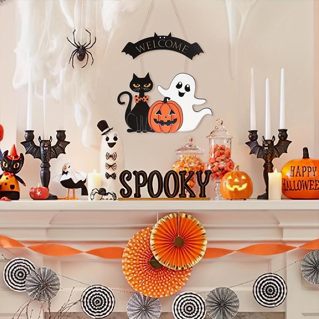 High Quality Halloween Decorative Wooden Sign with Black Cat, Pumpkin and Ghost - "Welcome" Design for Door Hanging
