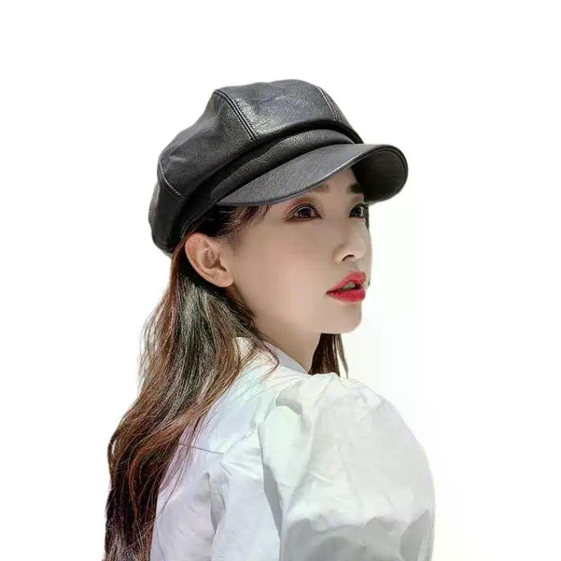 New Unisex PU Leather Beret Retro Korean Style Octagonal Newsboy Artist Cap For Photography Dates And Urban Commuting