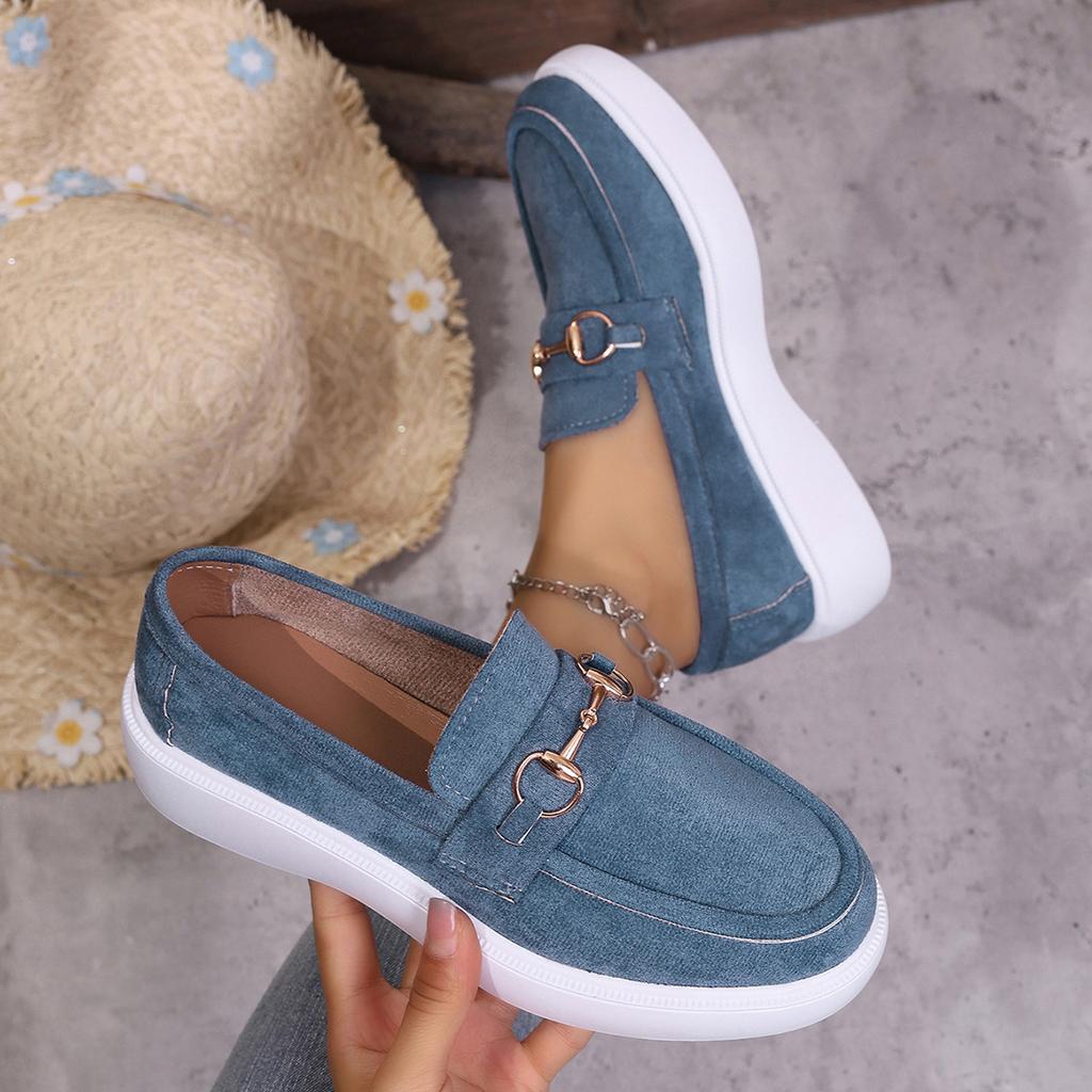 Women's Metal Buckle Loafers, British Style Slip-On Driving Shoes, Flat Sole Comfort Moccasins for Women