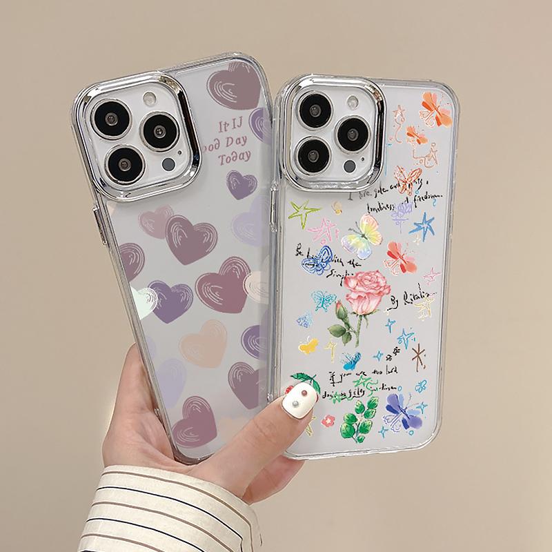 Galvanisierter Linsenrahmen-Case Für iPhone 16 15 14 Pro Max Plus 12 13 Pro 11 Galvanisiertes TPU Blumen Herz Klare Hülle