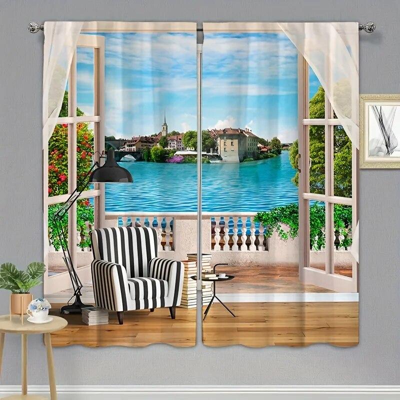 Tende Oscuranti Umpoo 2 Pannelli 106x160 Cm – Paesaggio Naturale Castello E Montagna Per Soggiorno E Camera Da Letto