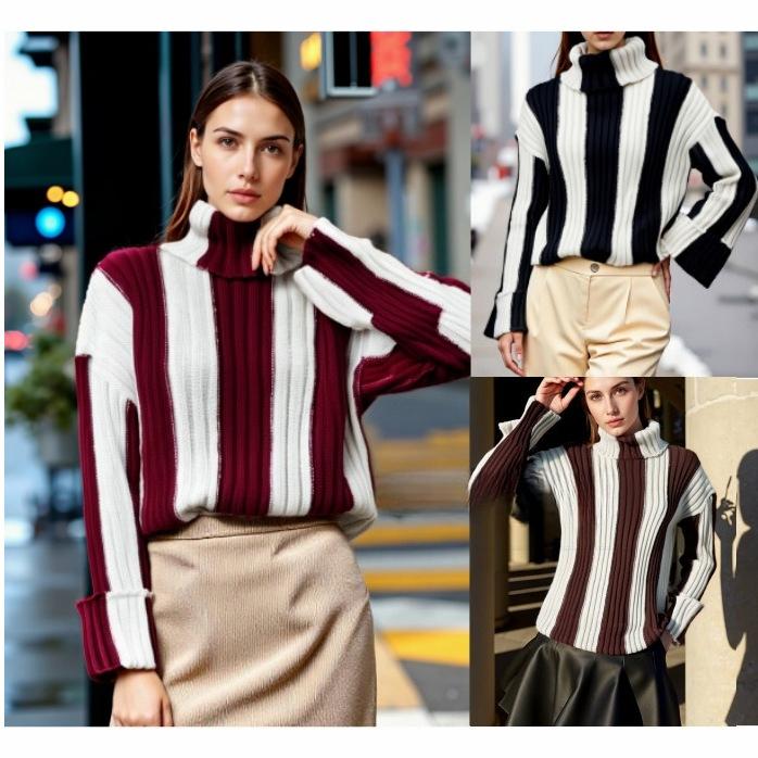 2025 New Style, Autumn/Winter, Women's Wear, Striped Knitted Sweater, Splicing, High Neck, Long Sleeve, Sweater, Winter Inner Top