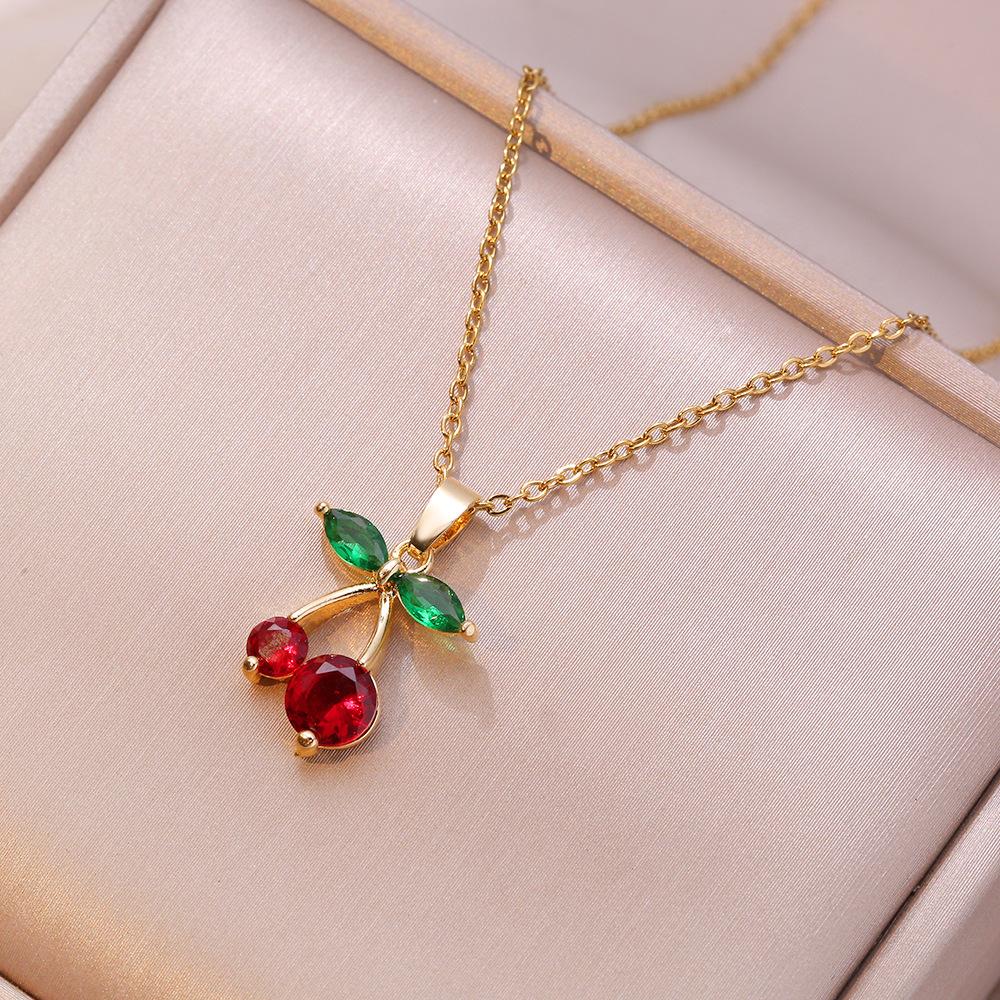 Stainless Steel Chain Classic Shiny Zircon Cherry Pendant Necklace for Women Girls Vintage Cute Cherry Jewelry Accessories Gifts
