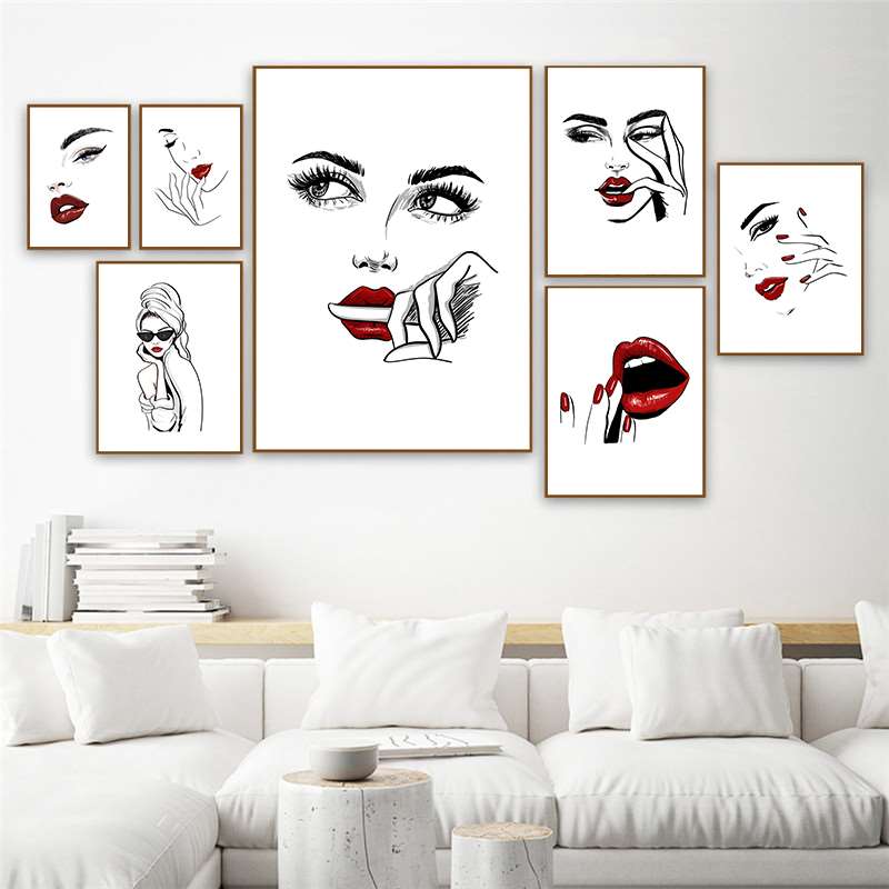 Red Lip Makeup Beauty Girls Face Wall Decor Art Poster Modern Picture Fashion Prints Canvas Painting For Girl Bedroom HD2965
