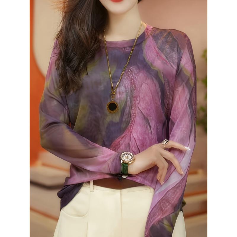 Abstract Print Crew Neck T-Shirt, Vintage Long Sleeve T-Shirt For Spring & Fall, Women's Clothing