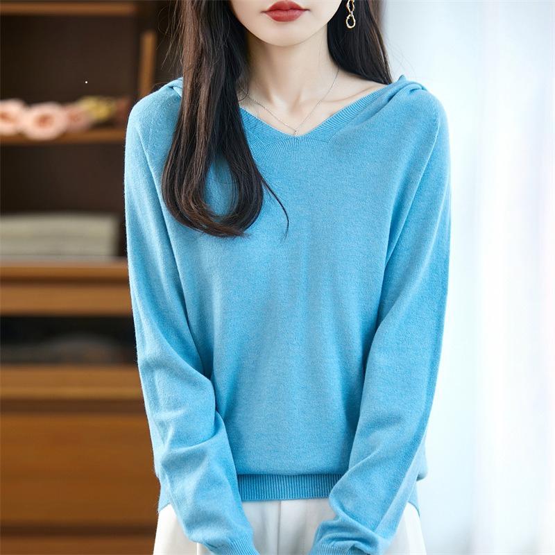 V-neck Hooded Knitted Sweater for Autumn and Winter Warm Hoodie Sweater for Women