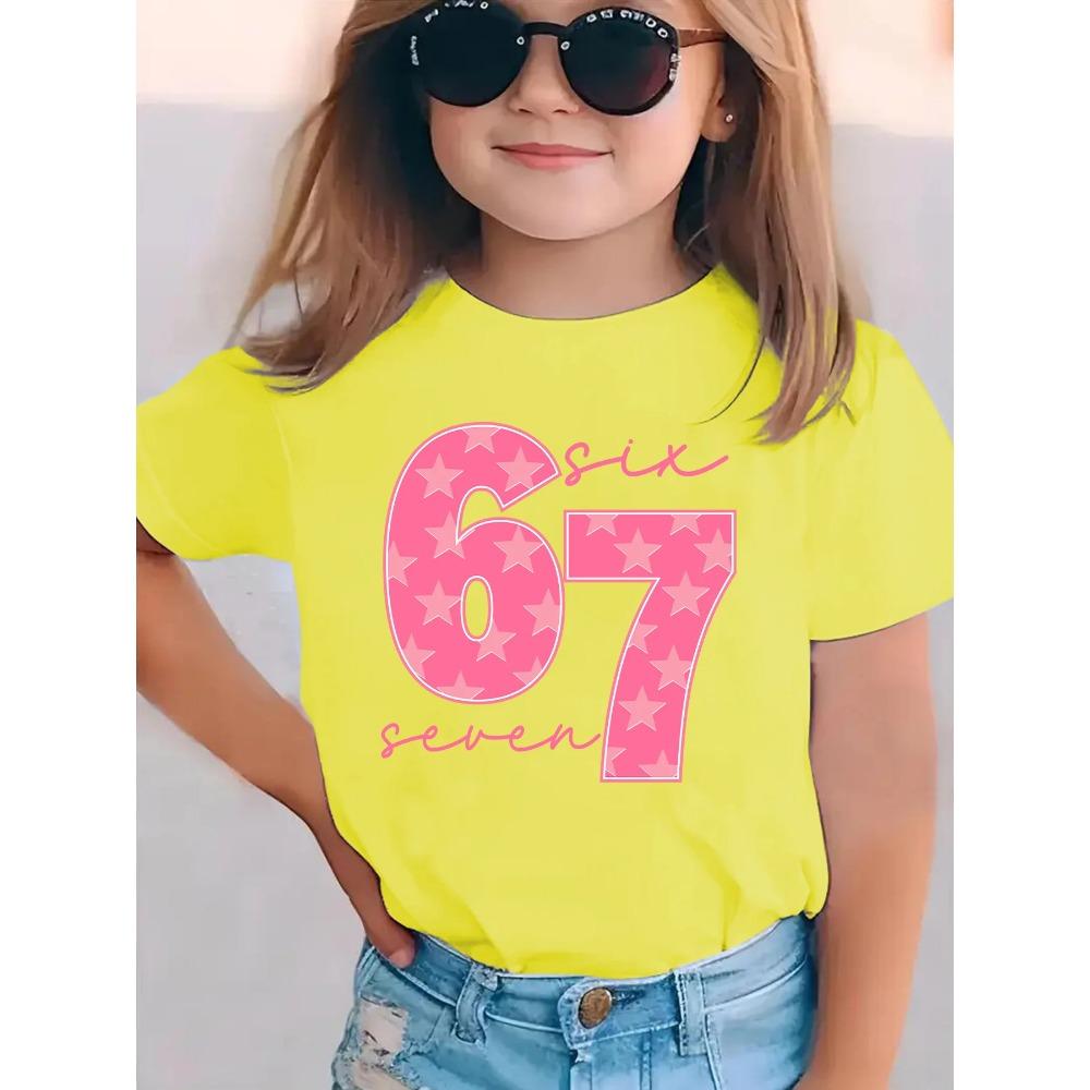 Summer Fashion Girls' Short-Sleeve T-Shirt with Star Elements Six Seven 6 7 Cartoon Print Casual and Versatile Top