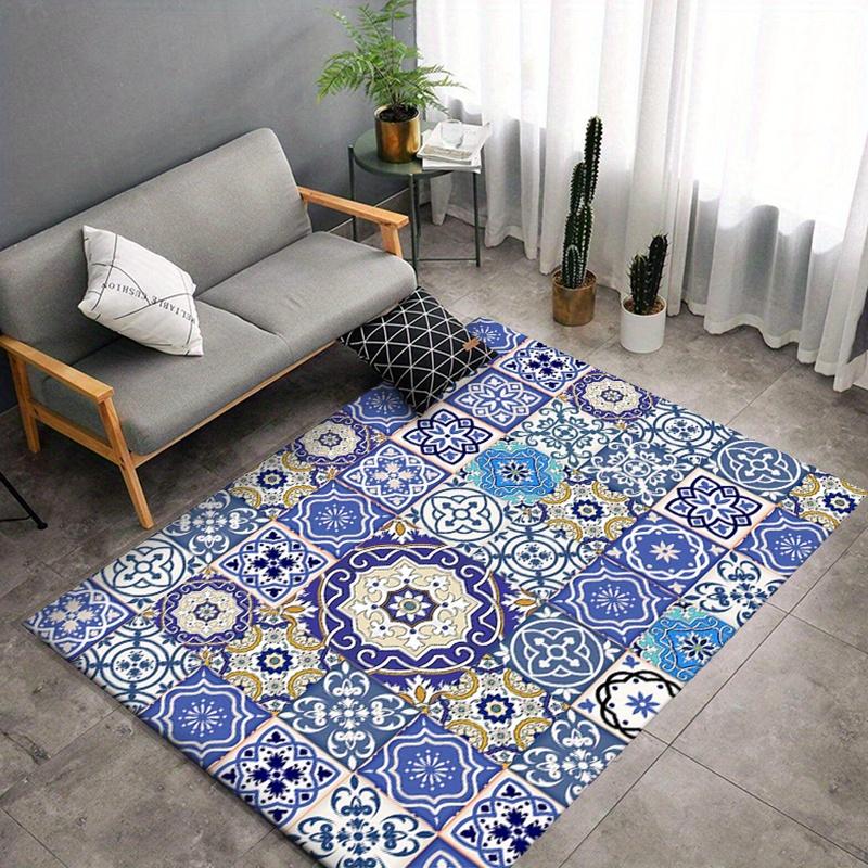 Elegant Grace Pattern Non-Slip Area Rug - Floor mat Crystal Velvet, Blue & Beige Floral Design, Soft Polyester Floor Mat for Liv