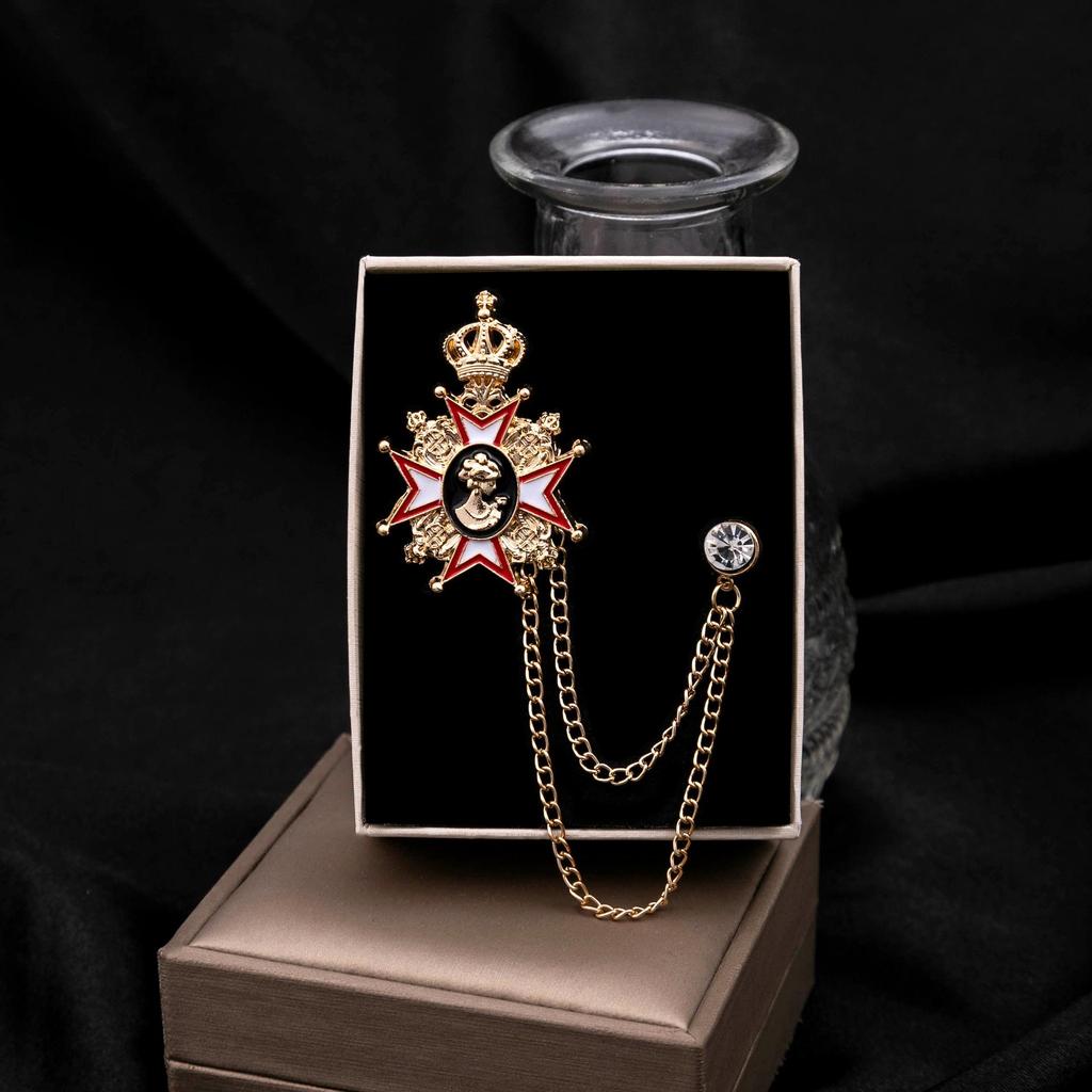 Men's Double-Layer Tassel Chain Crown Brooch with Rhinestones