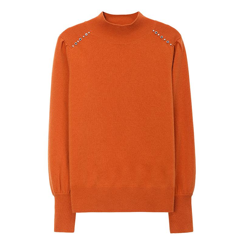 Women's Pure Wool Sweater with Half-High Collar & Lantern Sleeves - Warm, Fashionable Knitwear Pullover