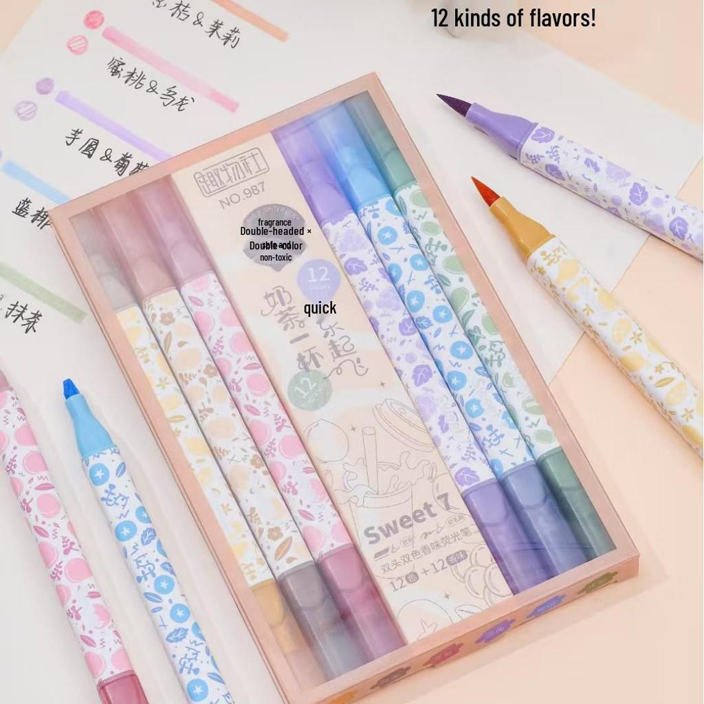 Double-Ended Scented Fluorescent Highlighter Pens - 6 Pack, 12 Scents, For Journaling, Note-Taking, and Drawing.