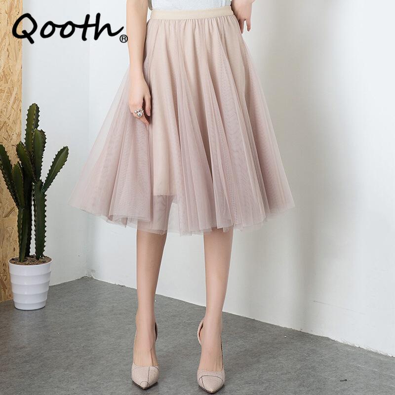 Qooth Sladká tylová síťovaná sukně ke kolenům Dámská elastický pas Pohádková plisovaná sukně Jednoduchá ležérní QT2221