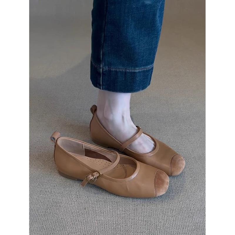 Sheepskin version~ retro soft-soled leather splicing one-word belt Mary Jane single shoes women's shallow commuter flat-soled ballet shoes