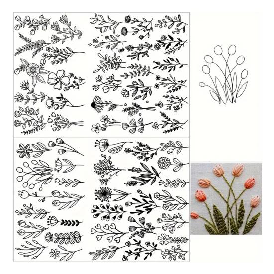 2 Sheets Water Soluble Embroidery Stabilizer DIY Stick Stitch Embroidery Paper with Pre-Printed Flowers Leaves Animals Pattern Beginners Sewing Lover