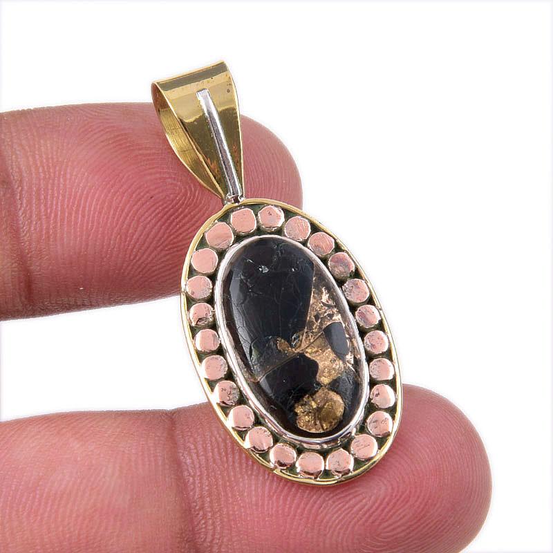 

Natural Black Turquoise Gemstone 925 Sterling Silver Two Tone Pendant 1.50 G3Z83