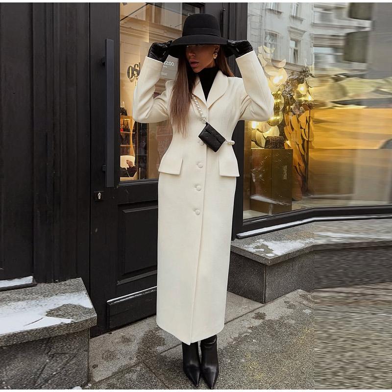 Lapel Single-breasted Long Ladies Coat Fashion All-match Solid Color Thick Coat Autumn and Winter New Ladies Long Jacket